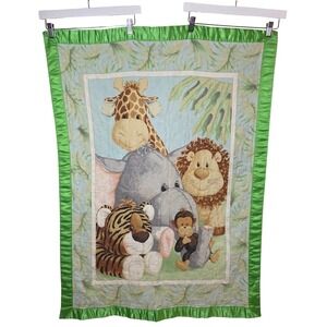 Vintage Jungle Safari Baby Quilt Blanket Green Satin Trim Giraffe Lion Elephant